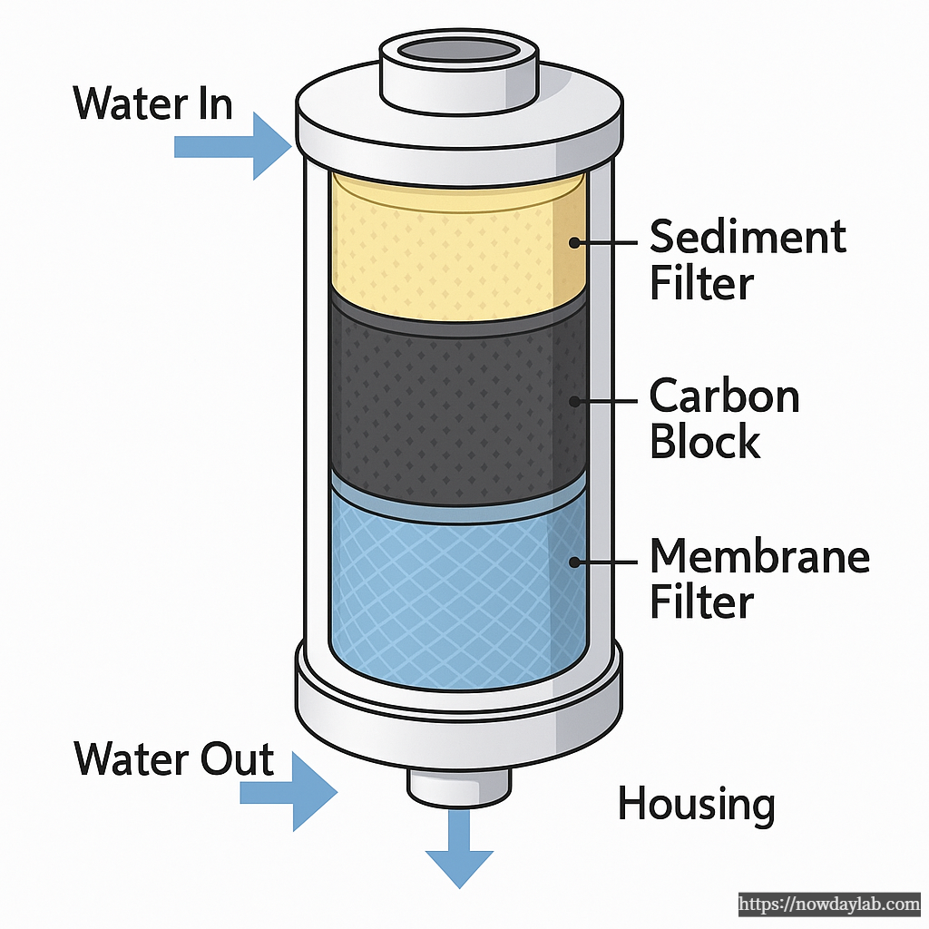 Cross-sectional diagram of a household water filter cartridge showing sediment filter, carbon block, and membrane filter layer