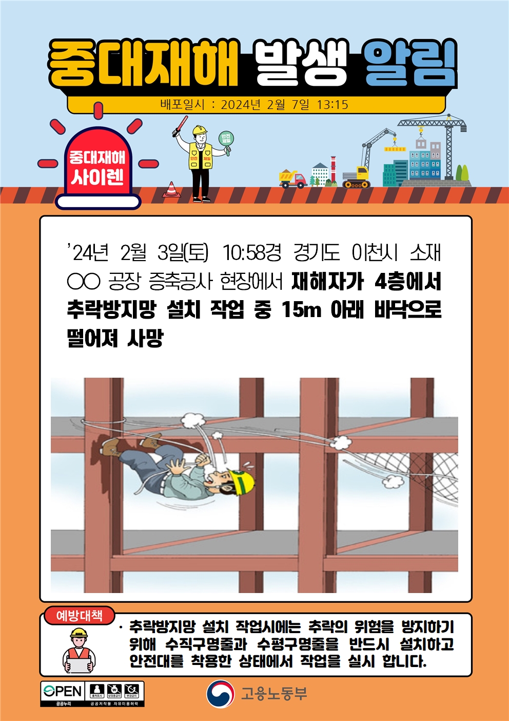 추락방지망 설치 작업 중 떨어짐(15m)