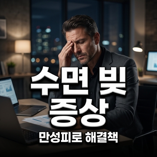 수면 빚 증상과 만성피로 해결책을 다룬 블로그 썸네일로, 야근 중 이마를 짚고 피곤해하는 직장인 남성의 이미지
