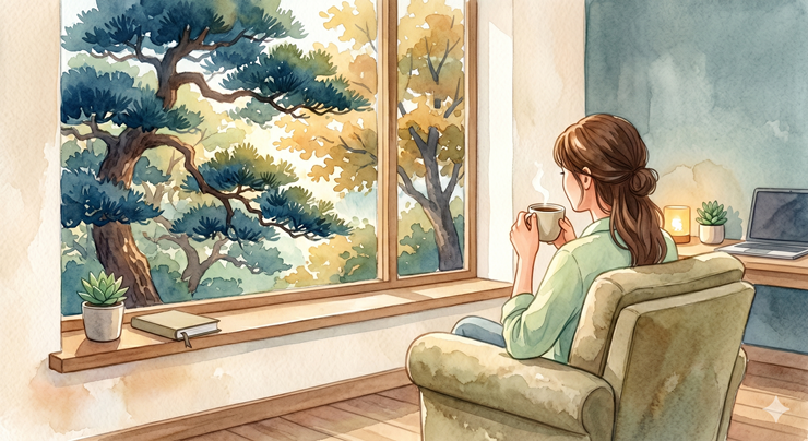 세금 신고를 완료하고 평온하게 휴식하는 모습을 표현한 수채화 이미지