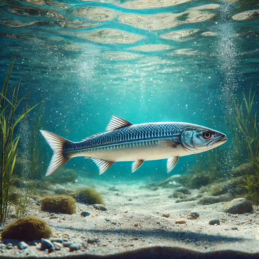 맑은 물속에서 헤엄치는 한 마리 숭어의 실제적인 이미지.