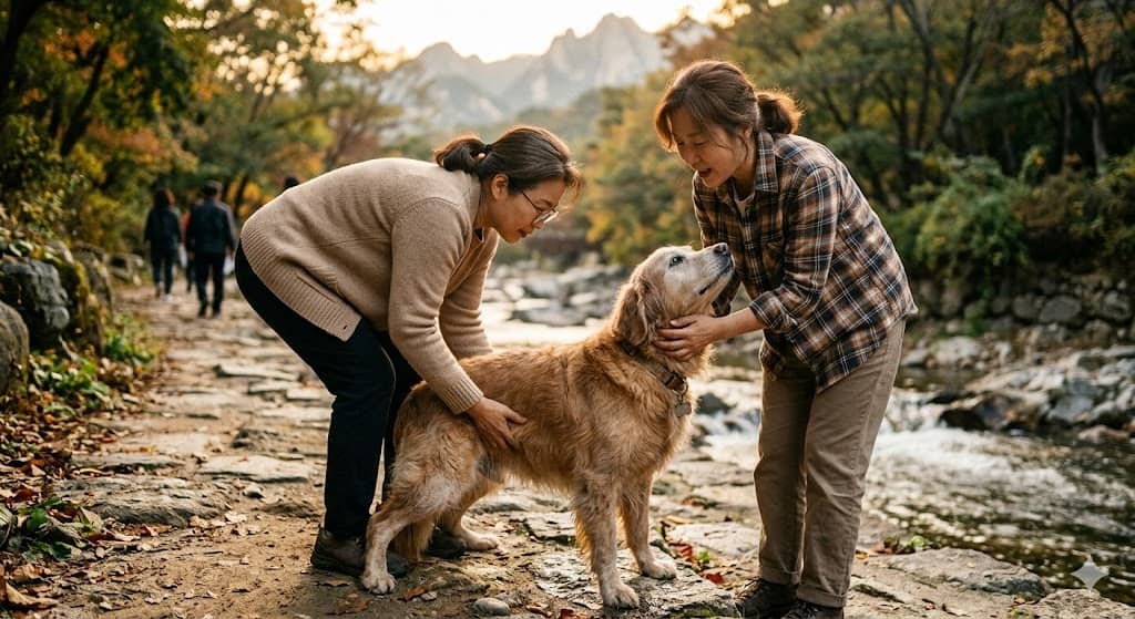 파일명: senior_dog_care_walk.jpg
Alt: 노견을 배려해 천천히 산책 돕는 견주 모습
설명: 노령 반려견 케어 문화를 보여주는 따뜻한 일상 사진.