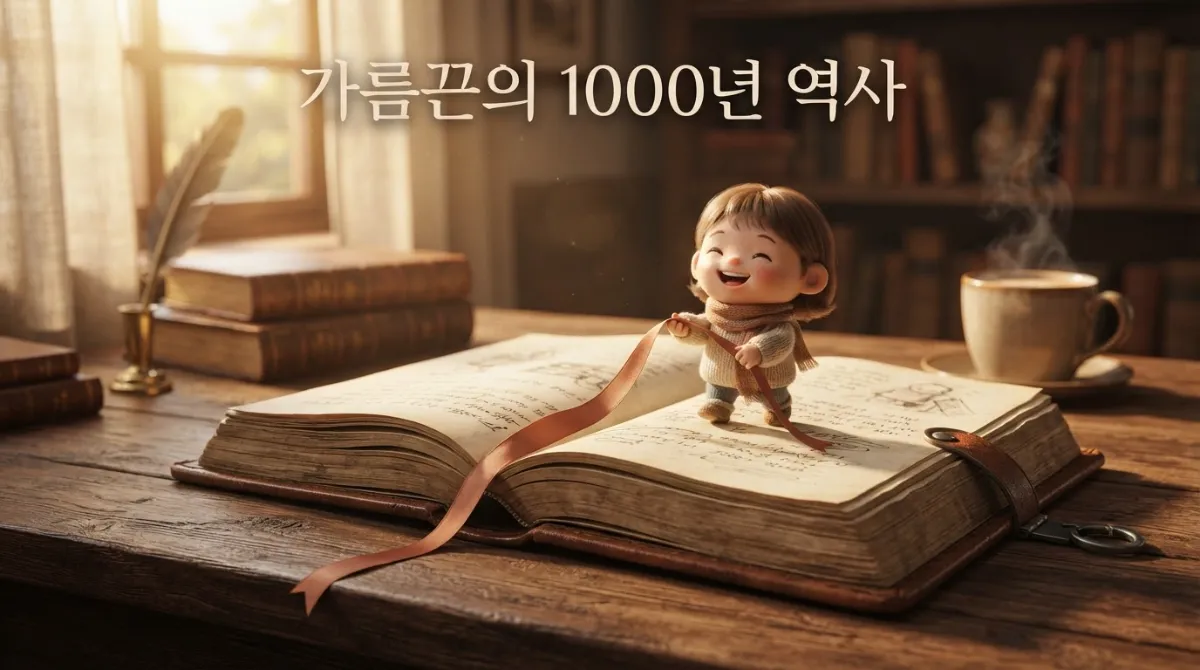 따뜻한 햇살이 비치는 아늑한 서재의 나무 책상 위에 놓여 있는 가죽 다이어리와 테라코타 색상의 실크 가름끈을 잡아당기는 작은 미니미 캐릭터 대표 이미지