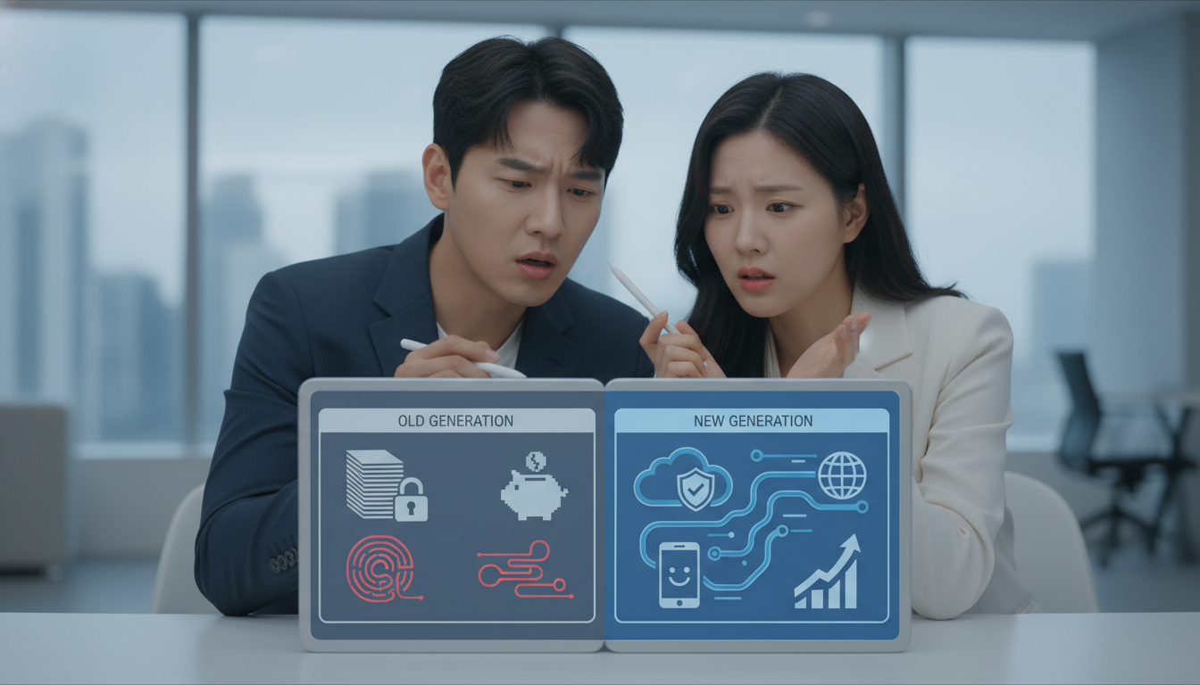 각기 다른 세대의 실손보험 정책을 비교하며 고민하는 두 한국인의 모습.