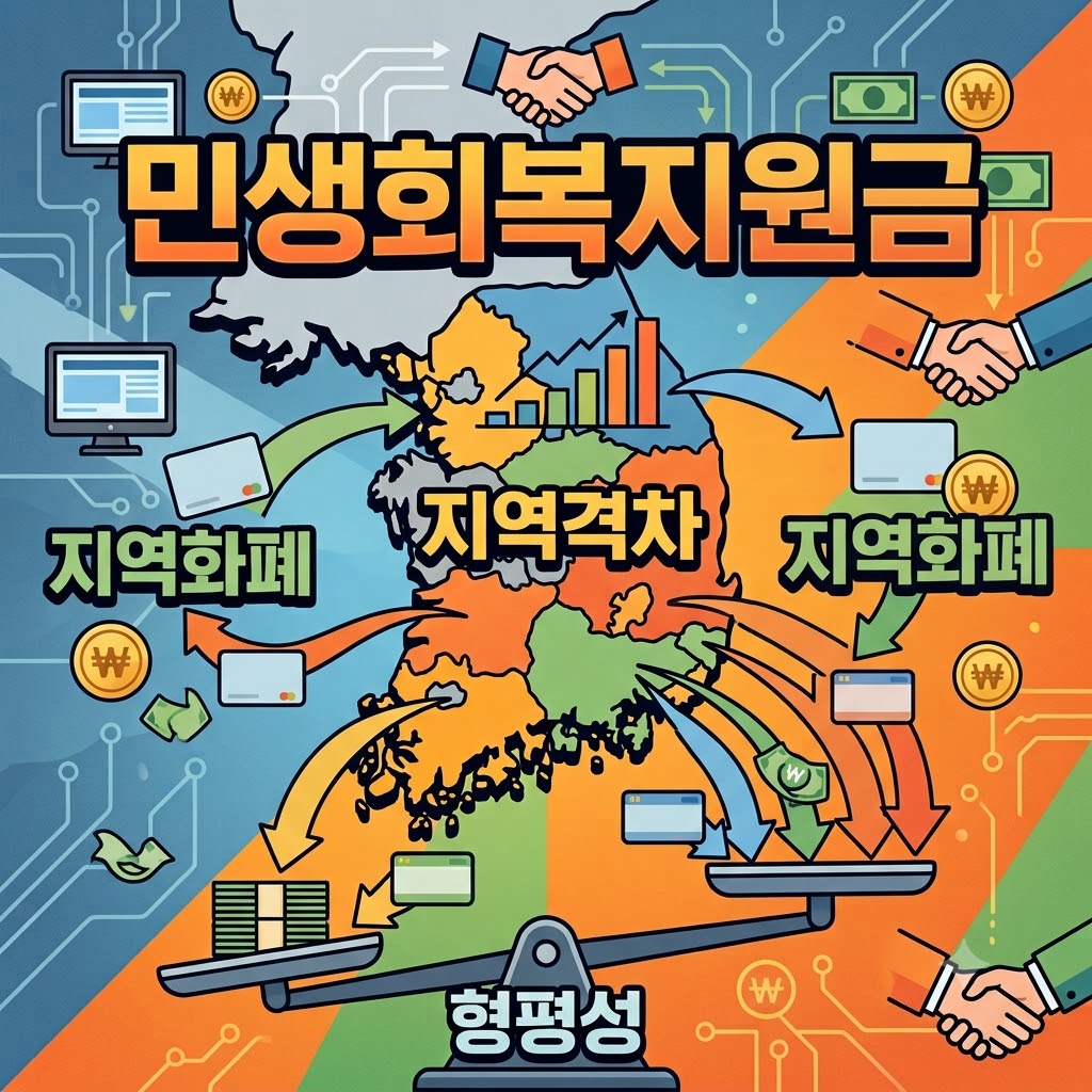 지역별 민생회복지원금 격차와 형평성 문제를 저울과 한반도 지도로 시각화한 타이포그래피 포스터