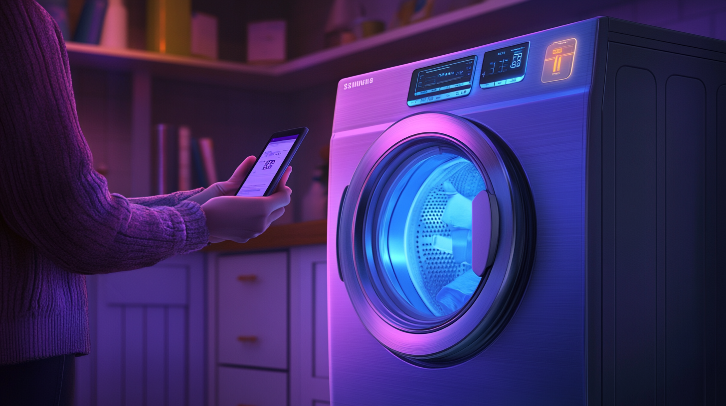 삼성 WF24D20CVVC의 에너지 효율성을 강조하며, 스마트폰으로 원격으로 세탁기 상태를 확인하는 사람의 모습을 보여줍니다.