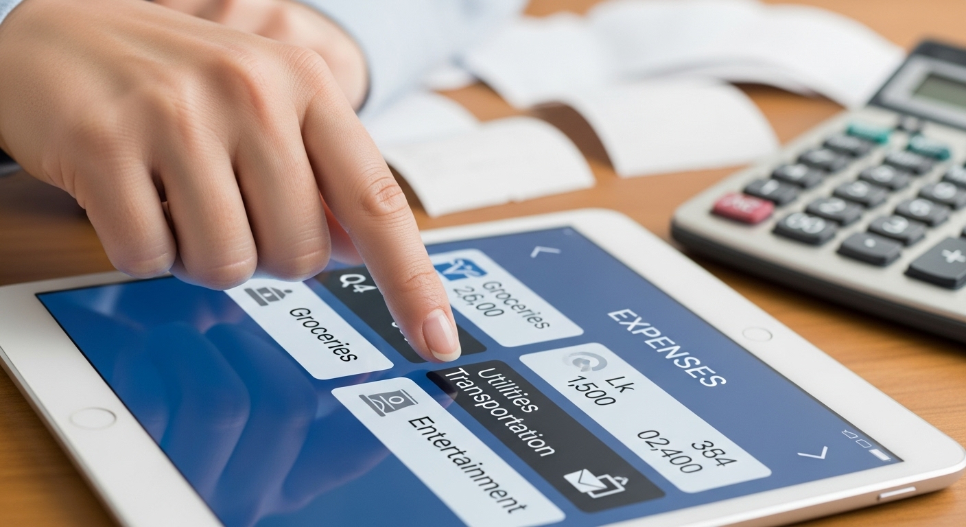 태블릿 앱으로 지출을 꼼꼼하게 분류하고 기록하며 재정 관리를 하는 모습. 소비 패턴 분석