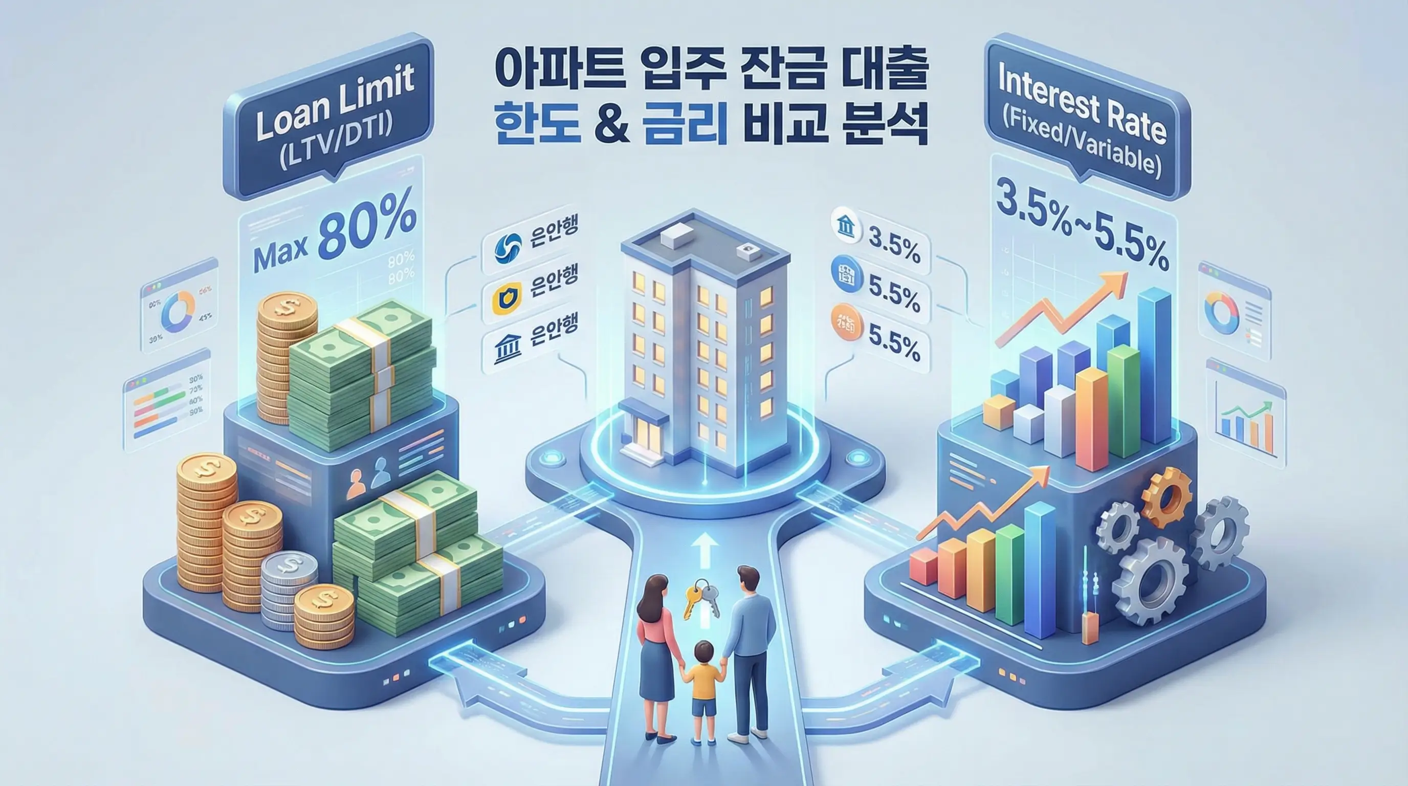 아파트 입주 시점에 필요한 잔금 대출 한도와 금리를 비교 분석하는 3D 인포그래픽