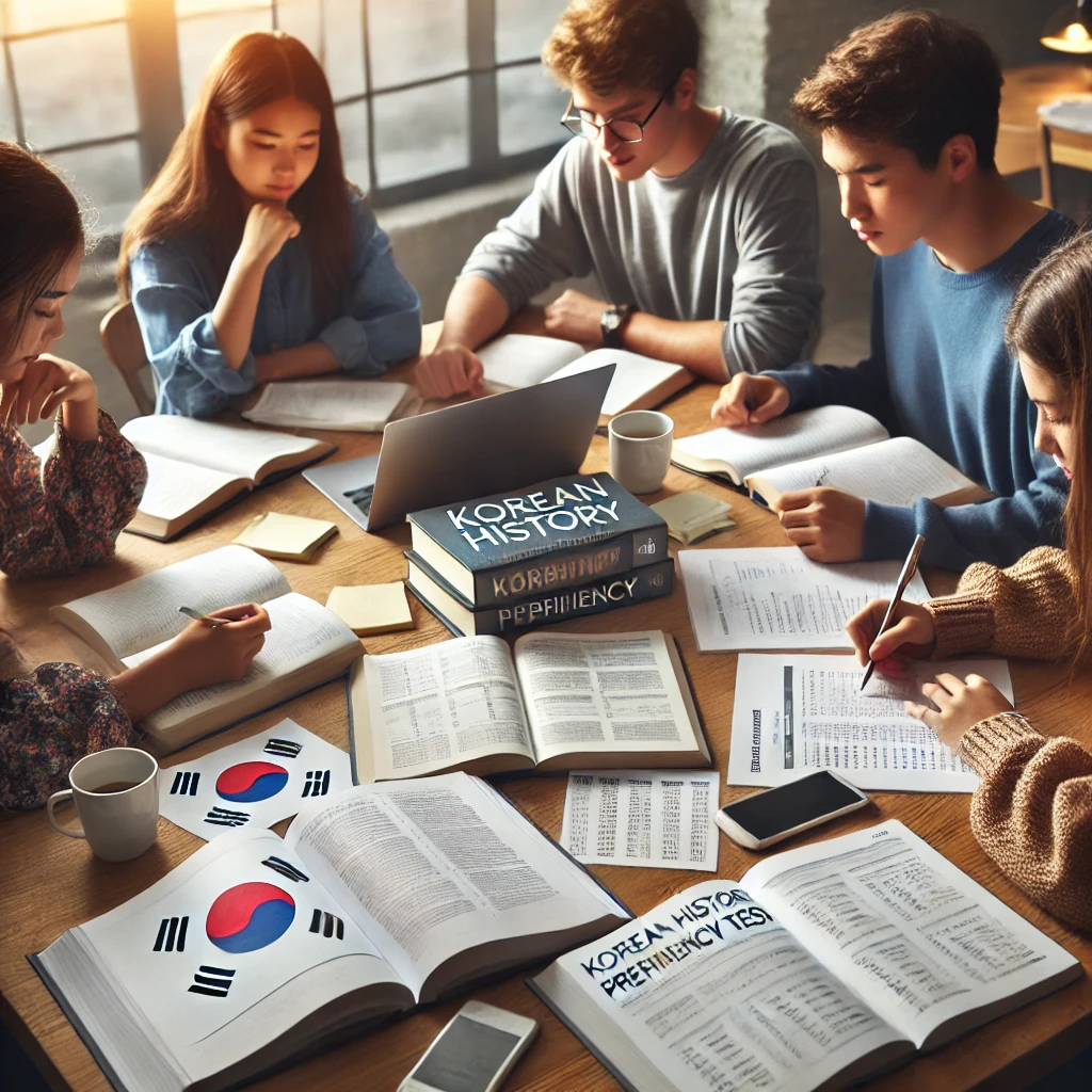 큰 책상에서 한국사 능력 검정시험 문제를 풀고 답을 논의하는 학생들. 책과 노트북이 놓여 있고 협력적인 학습 분위기가 조성된 장면