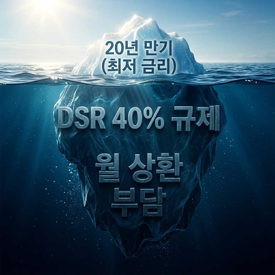 아파트담보대출금리비교 시 DSR 40% 규제와 월 상환 부담 구조를 설명하는 빙산 이미지