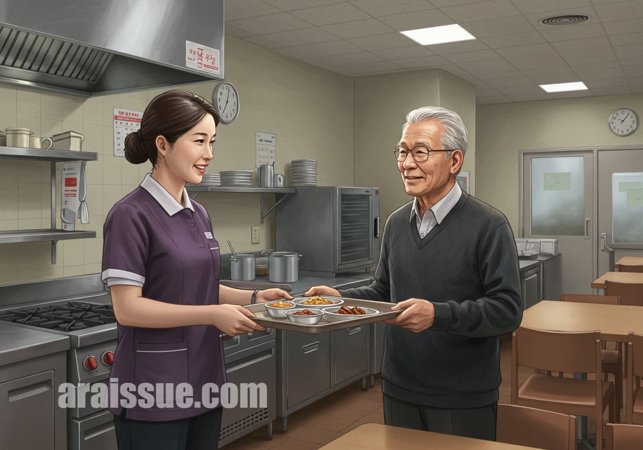 어르신이 현대식 급식소에서 식판을 받는 장면