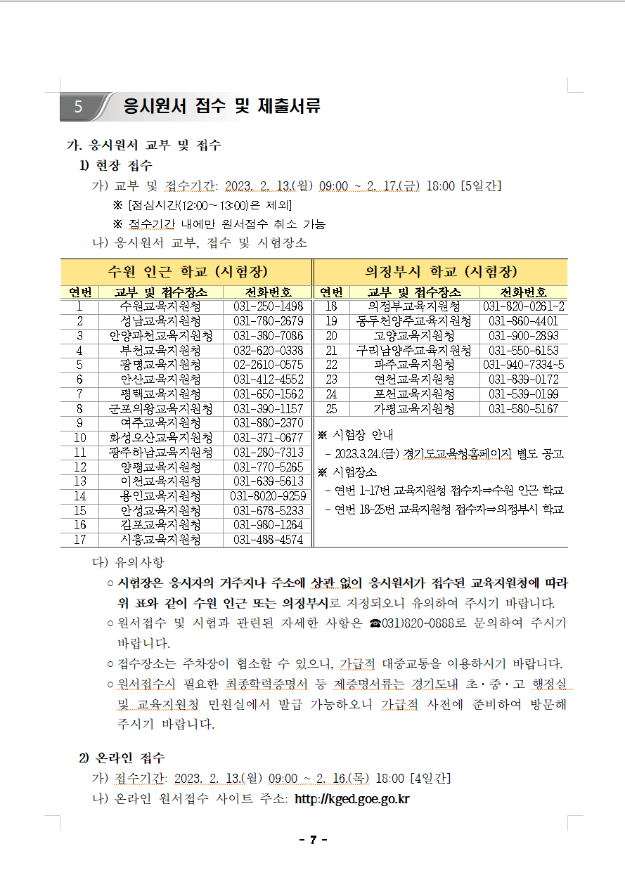 검정고시 응시원서 접수 및 제출서류, 온라인접수