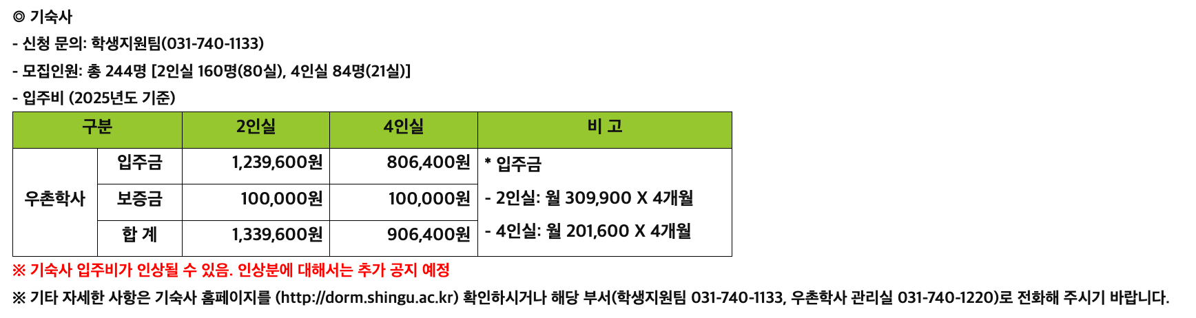 신구대 기숙사 비용