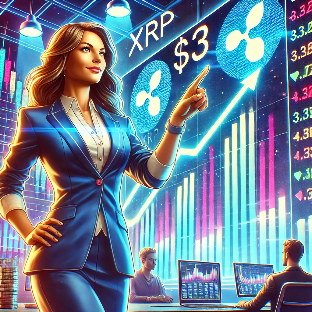 3달러를 돌파한 리플을 가리키고 있는 여성
