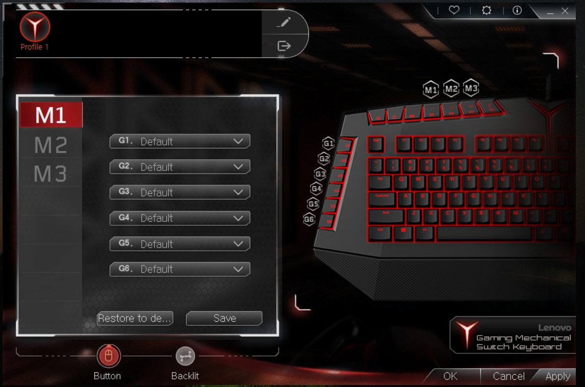 레노버 Y 게이밍 기계식 키보드 전용 소프트웨어 매크로 설정 UI 화면