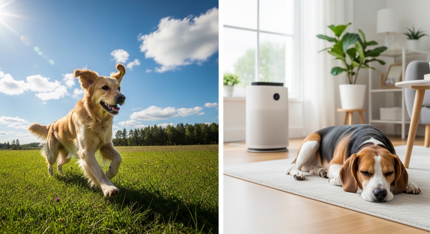 맑은 날 야외에서 뛰는 강아지와 공기청정기가 있는 깨끗한 실내에서 쉬는 강아지의 비교 모습. 미세먼지로부터 보호하는 중요성을 나타냄.