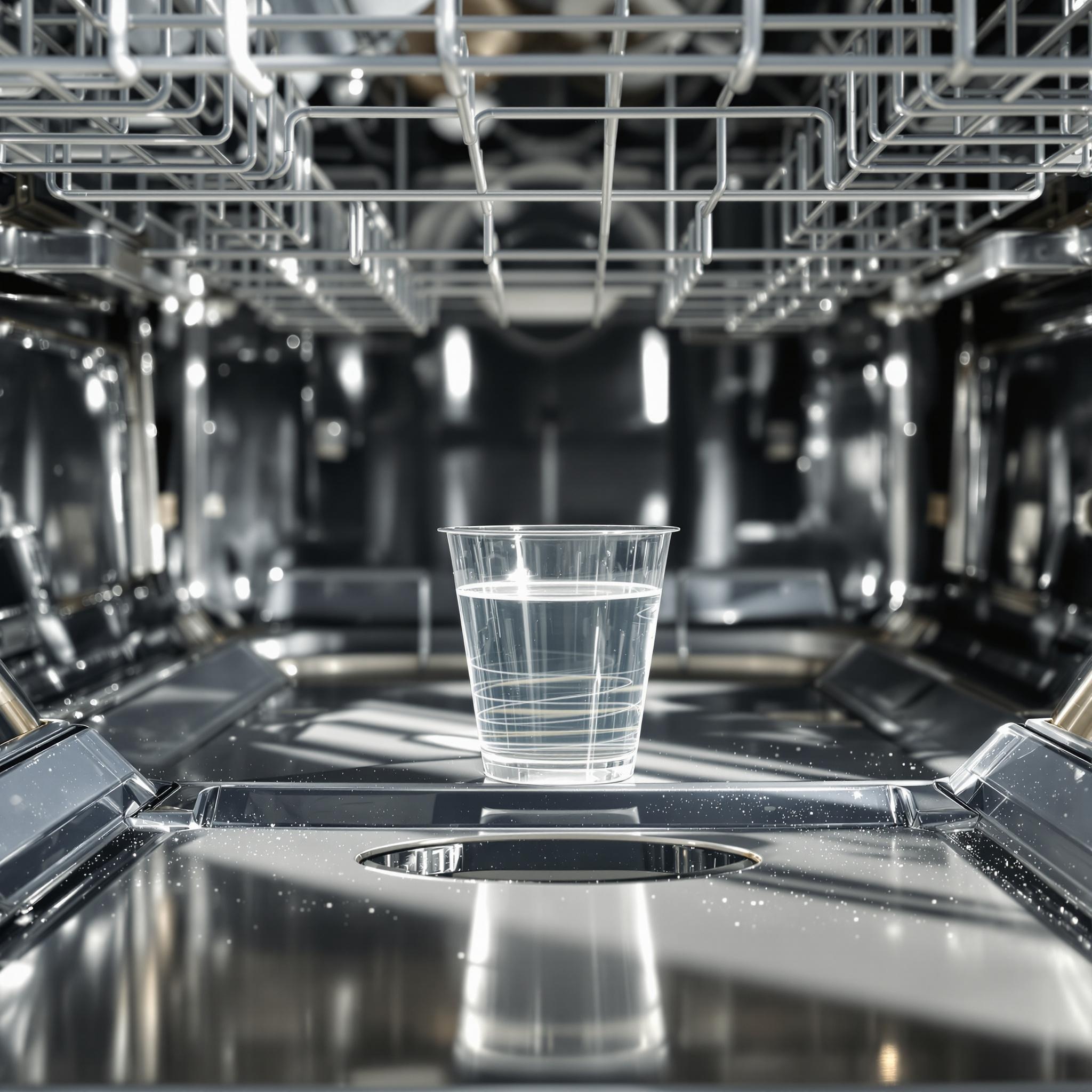 식기세척기 안에 식초 물이 담긴 컵이 놓여 있다