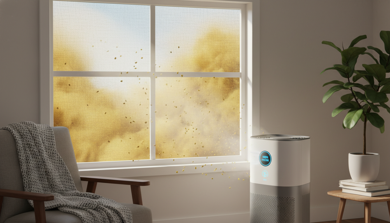 미세방충망이 설치된 창문이 송화가루를 차단하는 모습과 작동 중인 공기청정기