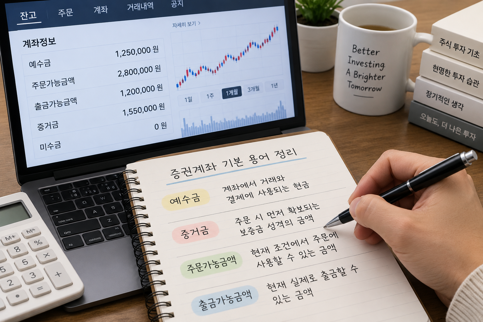예수금과 증거금 등 증권계좌의 기본 용어를 정리하는 모습