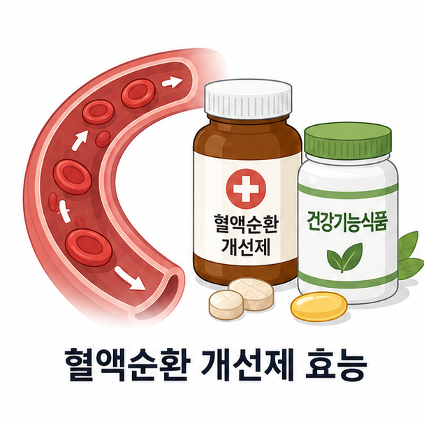 혈관 아이콘과 의약품&middot;건강기능식품 용기로 혈액순환 개선제를 표현한 대표 이미지