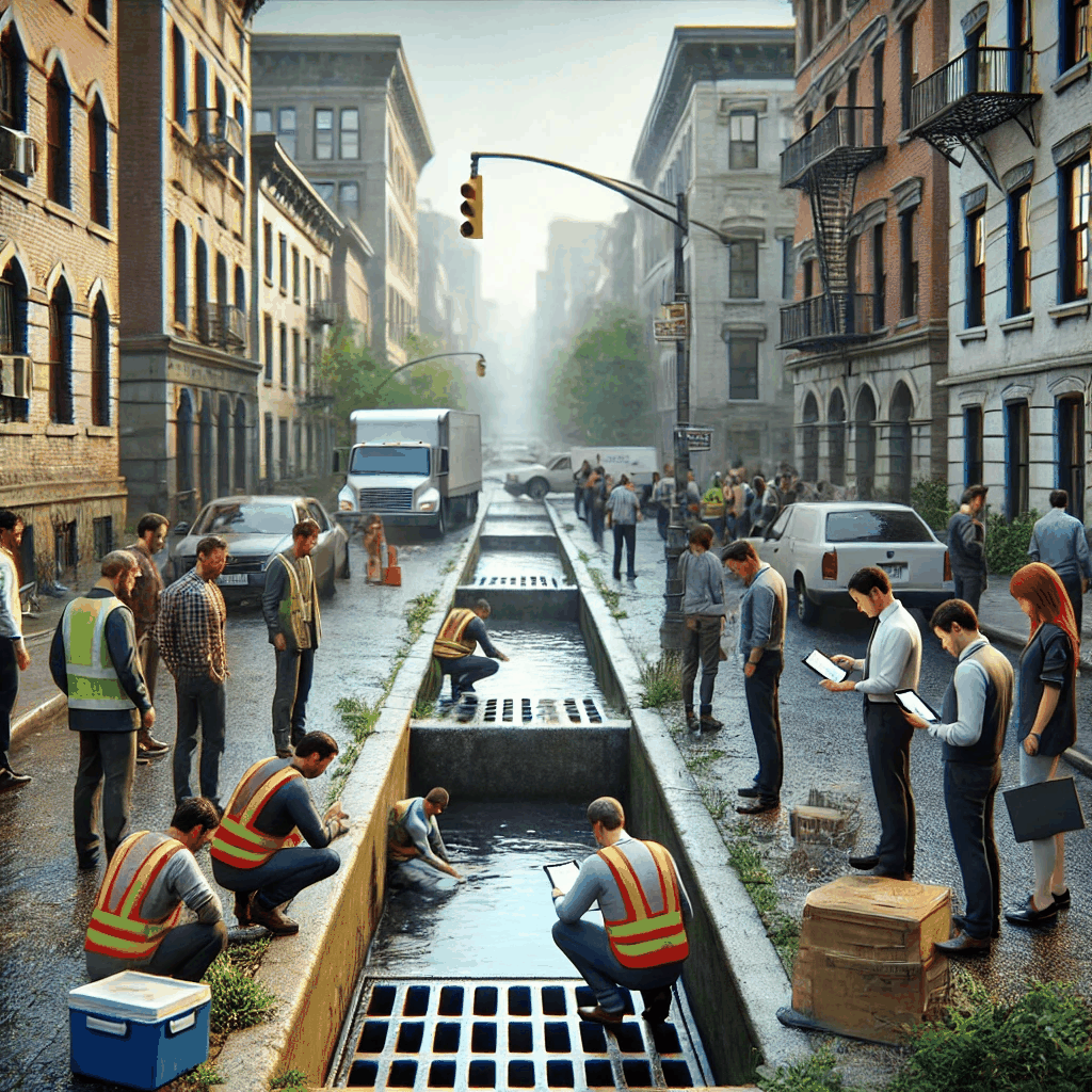 도시 주민들과 엔지니어들이 함께 배수시설을 점검하며 개선 방안을 논의하는 협력적인 현장 모습