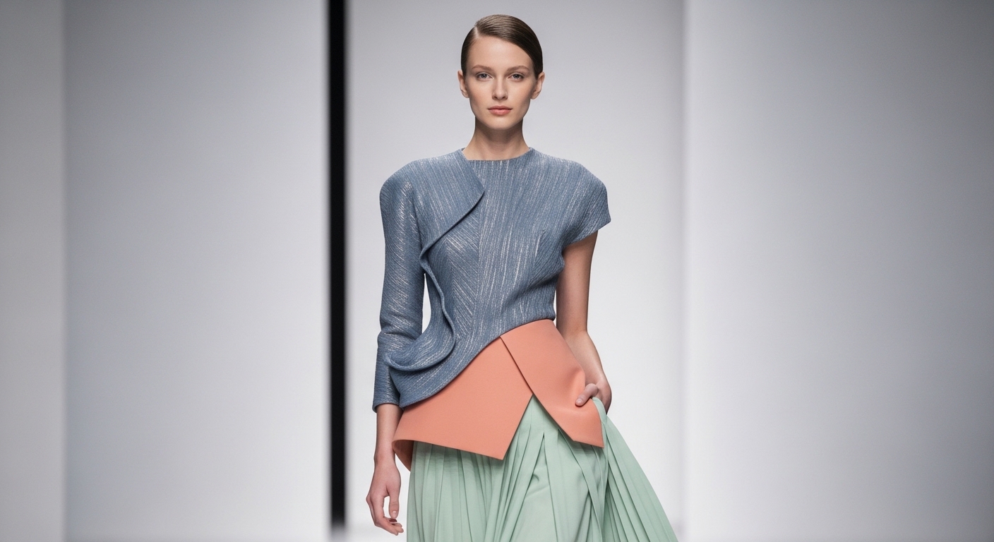 2026 S/S 트렌드 컬러인 블루-그레이와 파스텔 악센트가 조화된 세련된 패션 스타일링을 보여주는 모델 이미지.