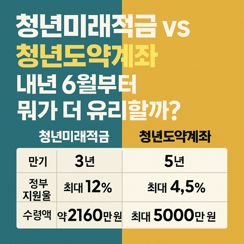 “청년미래적금과 청년도약계좌를 비교하는 금융 정보 썸네일—3년 vs 5년, 정부 매칭률, 월 납입 한도 강조 텍스트가 들어간 이미지”