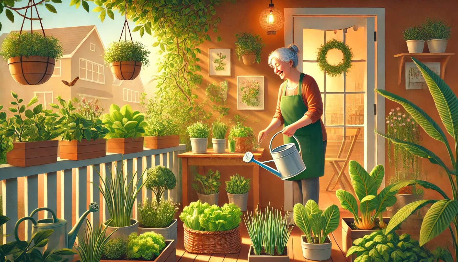 은퇴 후 1인 가구의 채소 재배 라이프스타일을 따뜻하게 담아낸 이미지