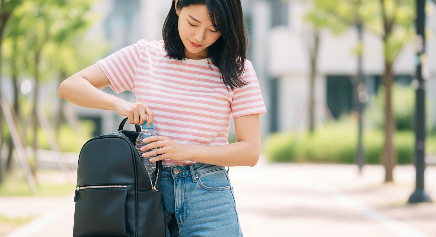 휴대용 물병을 가방에 넣는 여성