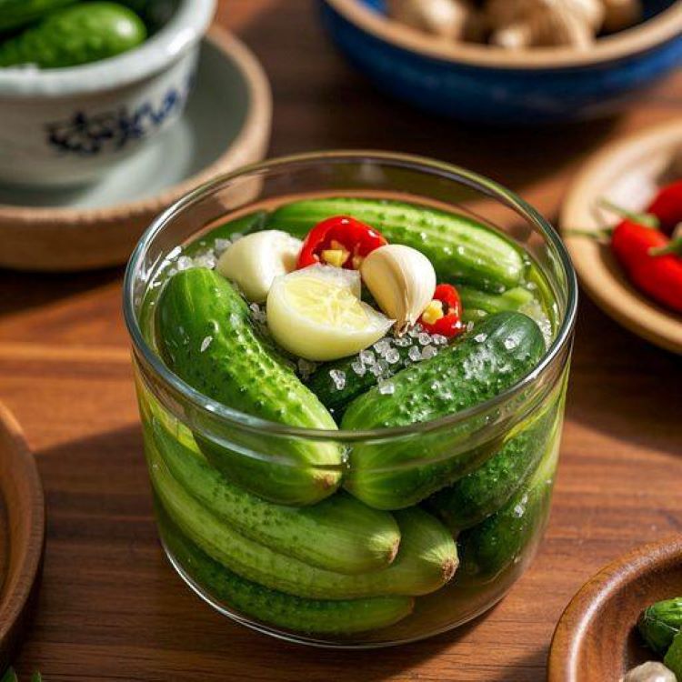 아삭한 오이지가 담긴 유리 용기, 투명한 소금물에 잠긴 초록색 오이와 마늘, 생강, 고추가 어우러진 모습. 나무 식탁 위에 놓인 한국 전통 도자기 접시와 함께, 밝고 따뜻한 주방 분위기