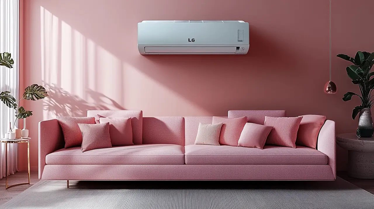 세련된 디자인의 LG 에어컨이 설치된 고급 거실 풍경. 소프트한 색조와 함께 스타일리시한 개방감을 더해 고품격 주거 공간의 아름다움을 강화합니다.