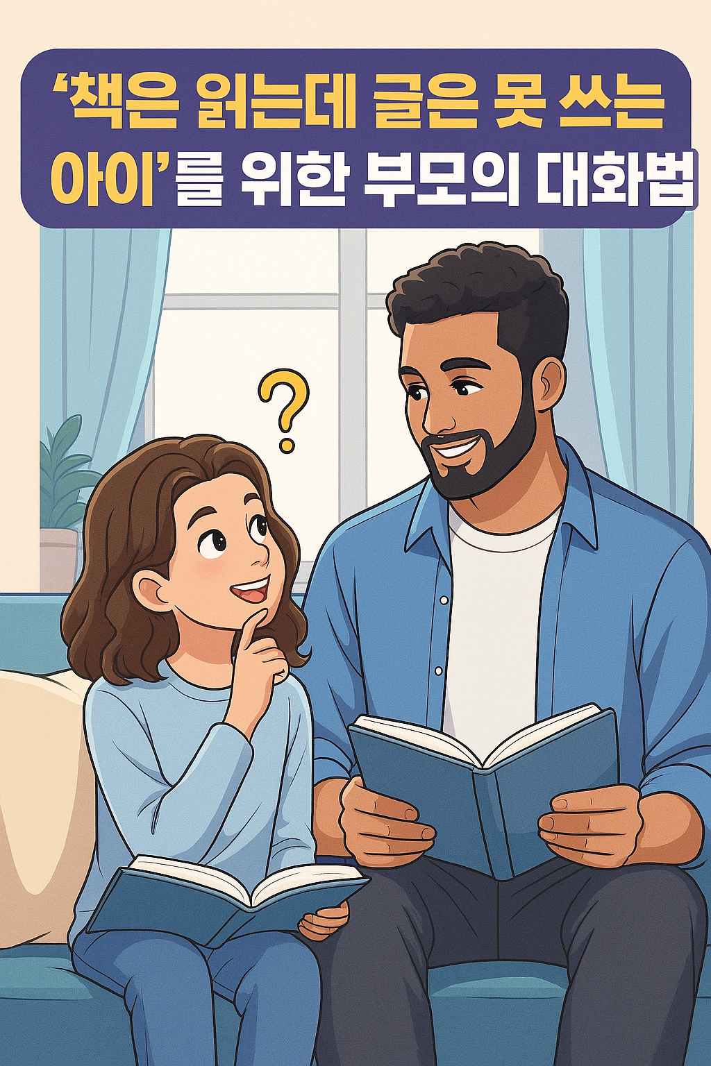 부모와 아이가 소파에 앉아 책을 읽고 대화하는 모습을 묘사한 일러스트