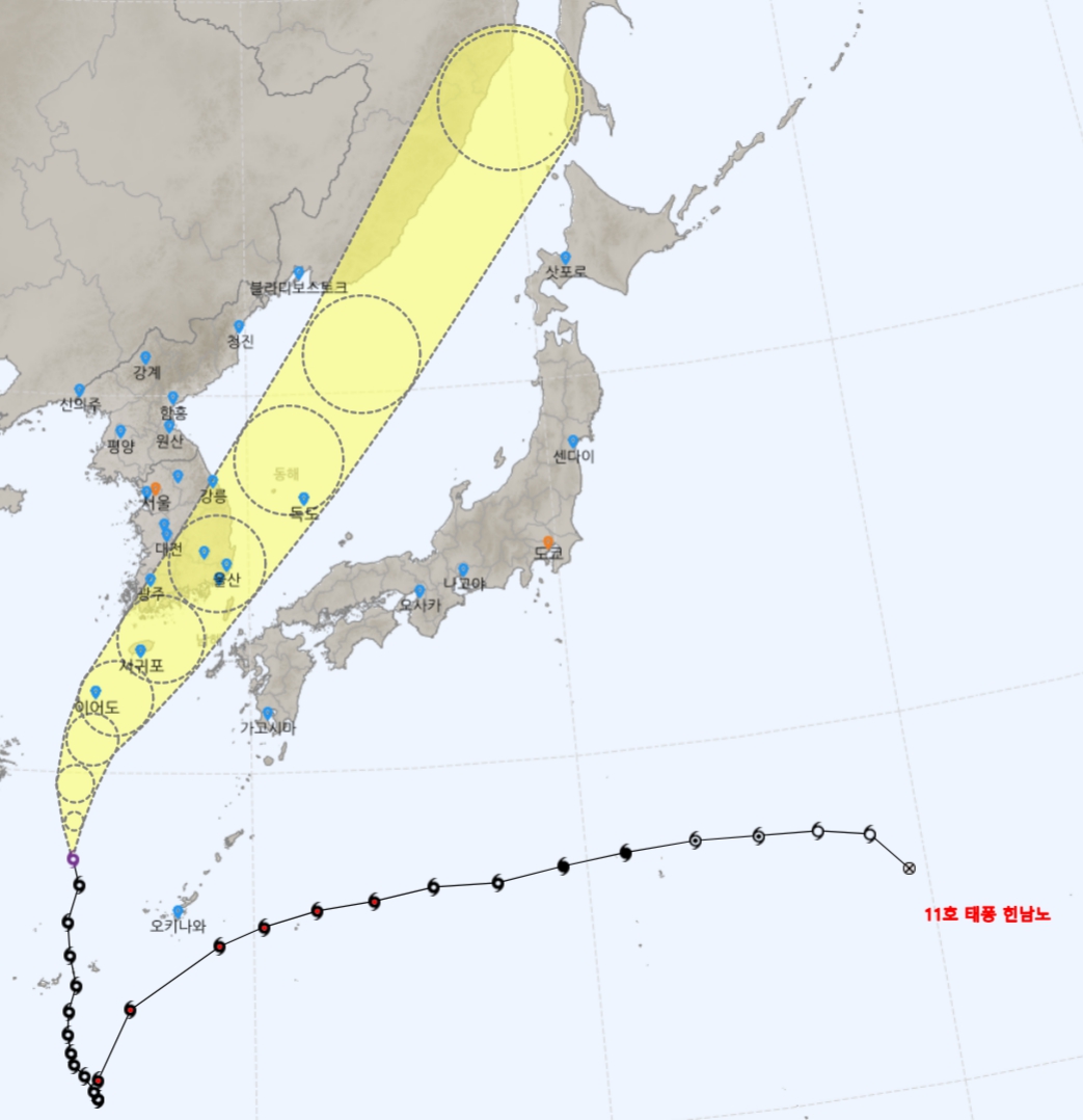 태풍 힌남노의 지도상 경로 표시 이미지입니다