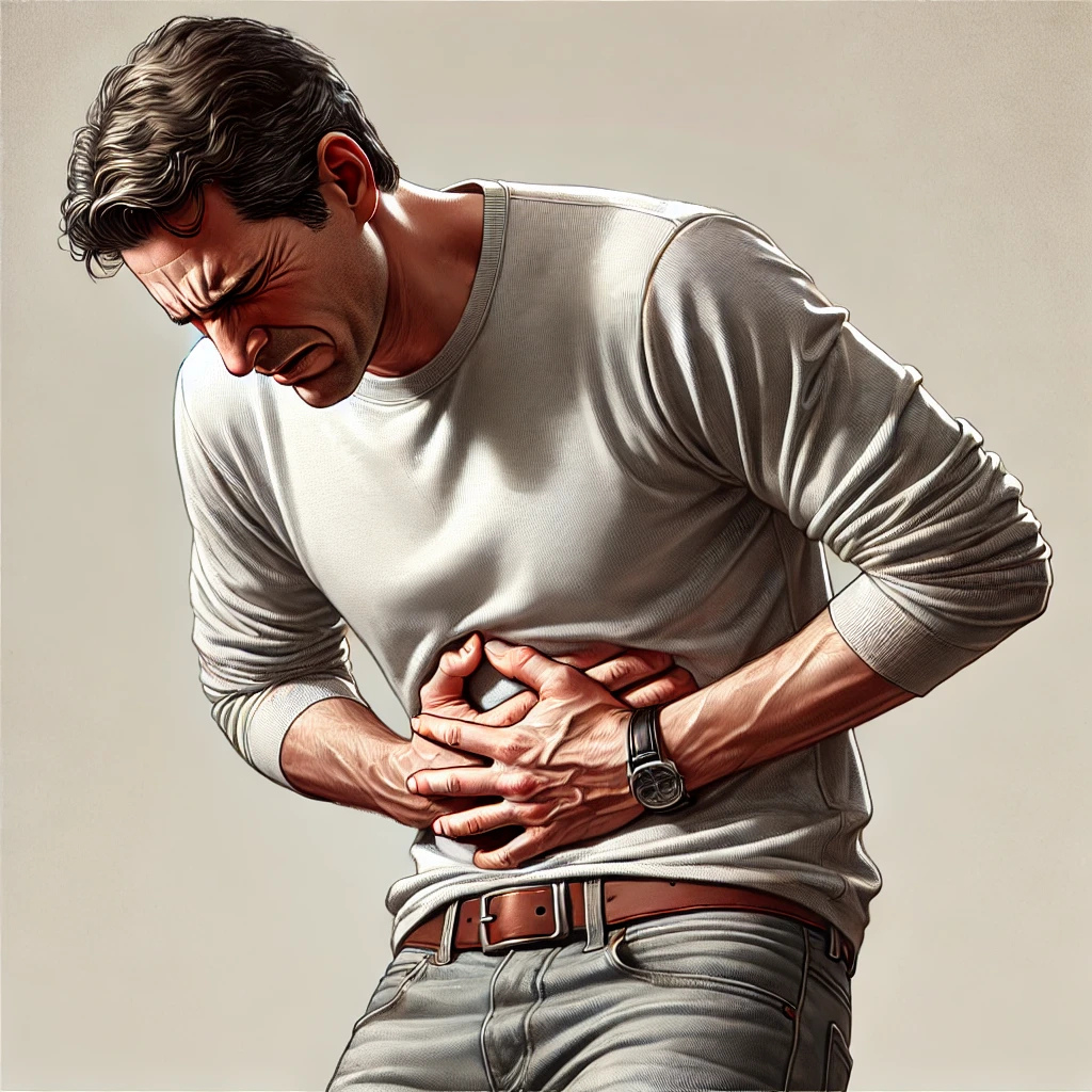 표정을 찡그리고 명치 부위를 누르고 있는 40대 남성의 모습을 잘 담아낸 이미지