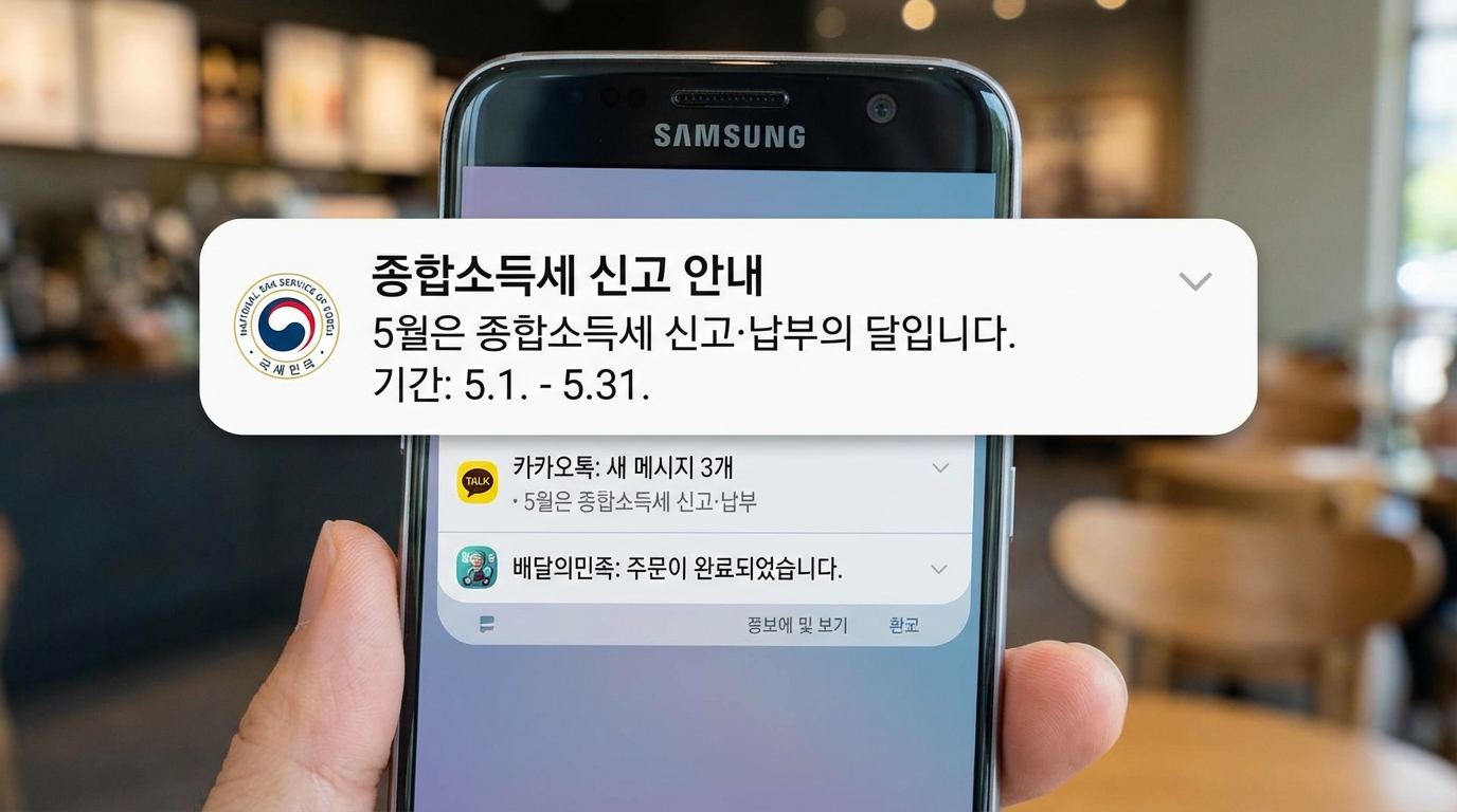 5월 종합소득세 신고 기간이 표시된 스마트폰 알림 화면