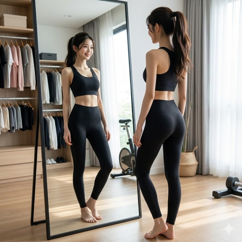 다이어트 성공 후 거울을 바라보는 사진
