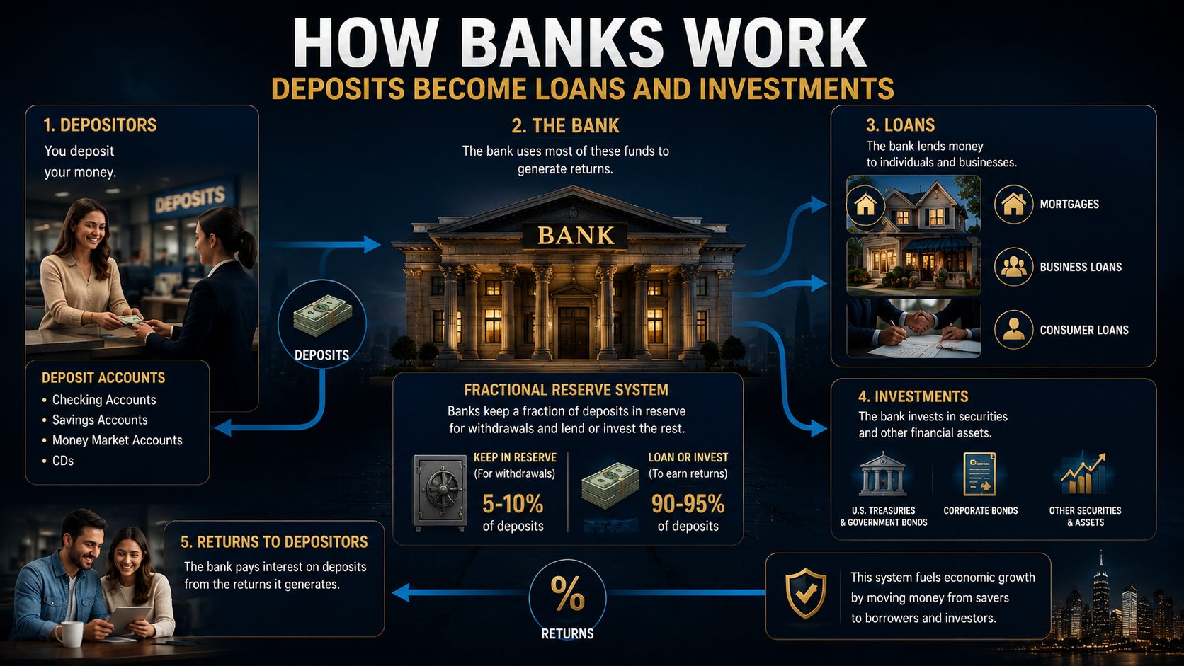 Infographic explaining how banks transform deposits into loans and investments through the fractional reserve banking system.