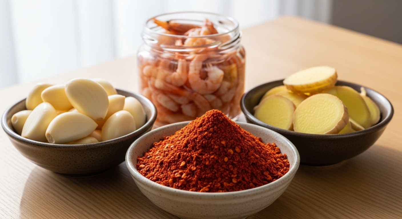 곱게 빻은 고춧가루, 깐 마늘, 저민 생강, 새우젓 등 김치 양념 재료들이 깔끔하게 정돈되어 있는 모습. 신선한 재료의 준비가 돋보입니다.