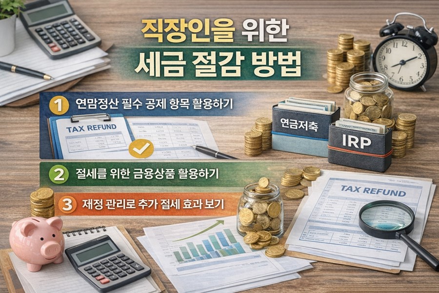 연말정산 공제 항목 활용법과 IRP·연금저축 등 절세 금융상품 전략, 재정 관리로 세금 줄이는 방법을 정리한 인포그래픽 이미지