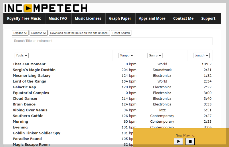 상업용, 저작권 무료 배경음악 다운로드 사이트, 인컴프테크 incompetech