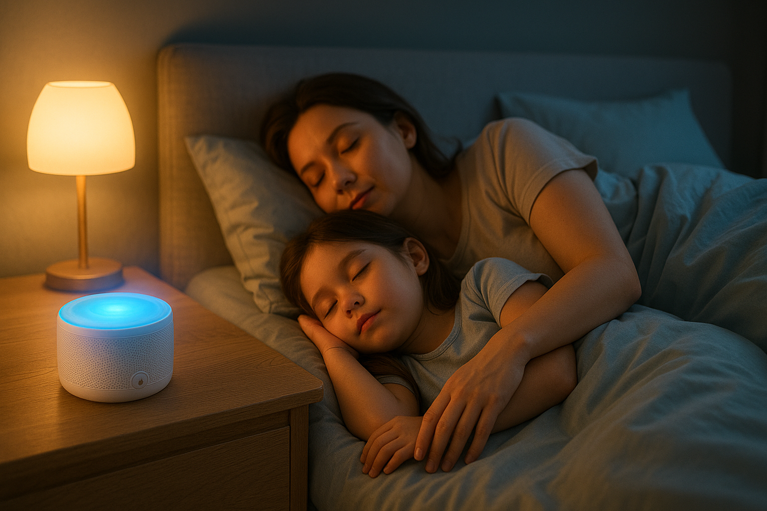 백색소음 기기를 켜놓고 잠든 아이와 엄마