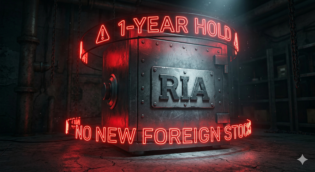 RIA라는 튼튼한 금고 주위에 '1년 유지', '추격매수 금지', '기준일 확인'이라는 붉은색 경고등이 깜빡이고 있는 3D 일러스트