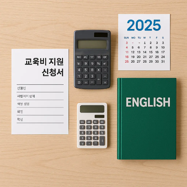 2025 교육비 지원 신청서, 계산기 2종, 영어 교과서, 연도 달력이 정돈된 교육비 지원 사물 스튜디오컷 이미지