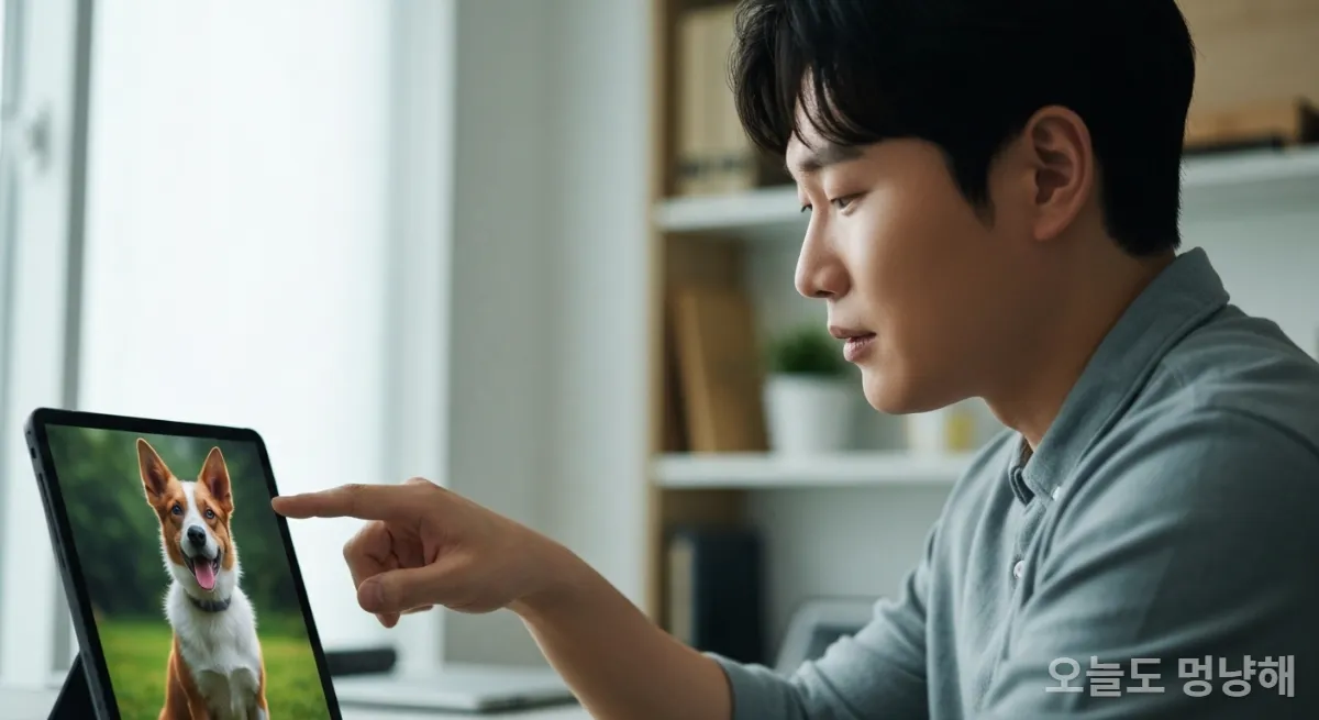 AI로 생성된 반려동물 이미지를 보며 감동하는 한국 남성