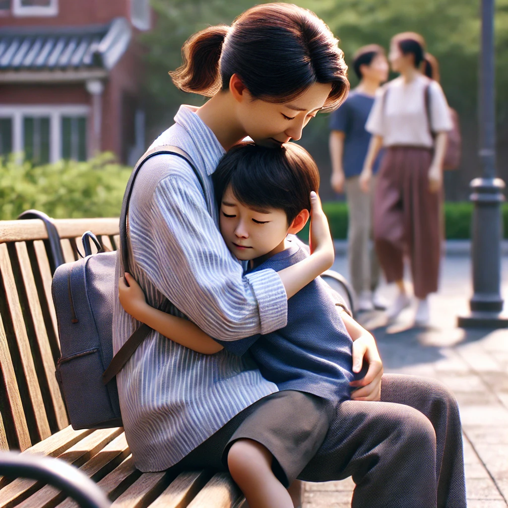 부모가 공원 벤치에서 슬퍼하는 아이를 따뜻하게 안아주는 모습. 부모의 위로가 차분하고 사랑스러운 분위기를 조성함