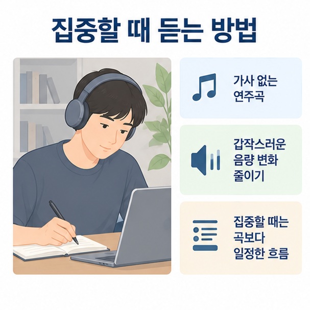 낮은 음량과 일정한 흐름의 피아노 음악으로 공부와 독서에 집중하는 모습을 보여주는 이미지