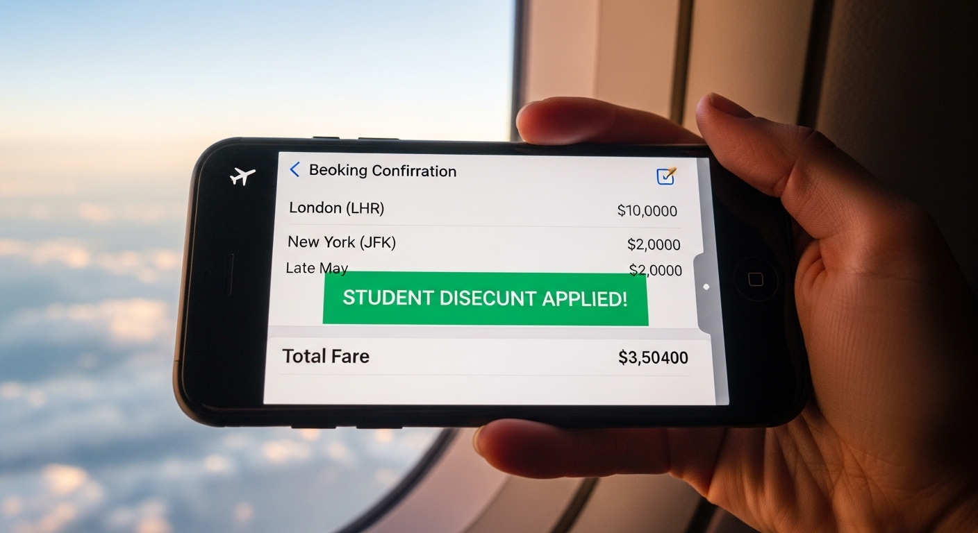 수험생 할인으로 저렴하게 예약된 국내선 항공권 예약 화면. 창밖으로 구름이 보이는 비행기 안에서 여행의 설렘을 느끼는 모습.