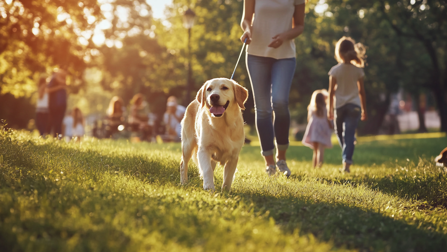공원에서 산책하는 강아지