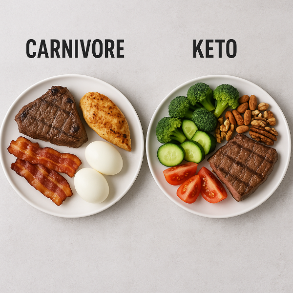 카니보어와 키토식단의 식품 구성이 한눈에 보이는 비교 이미지