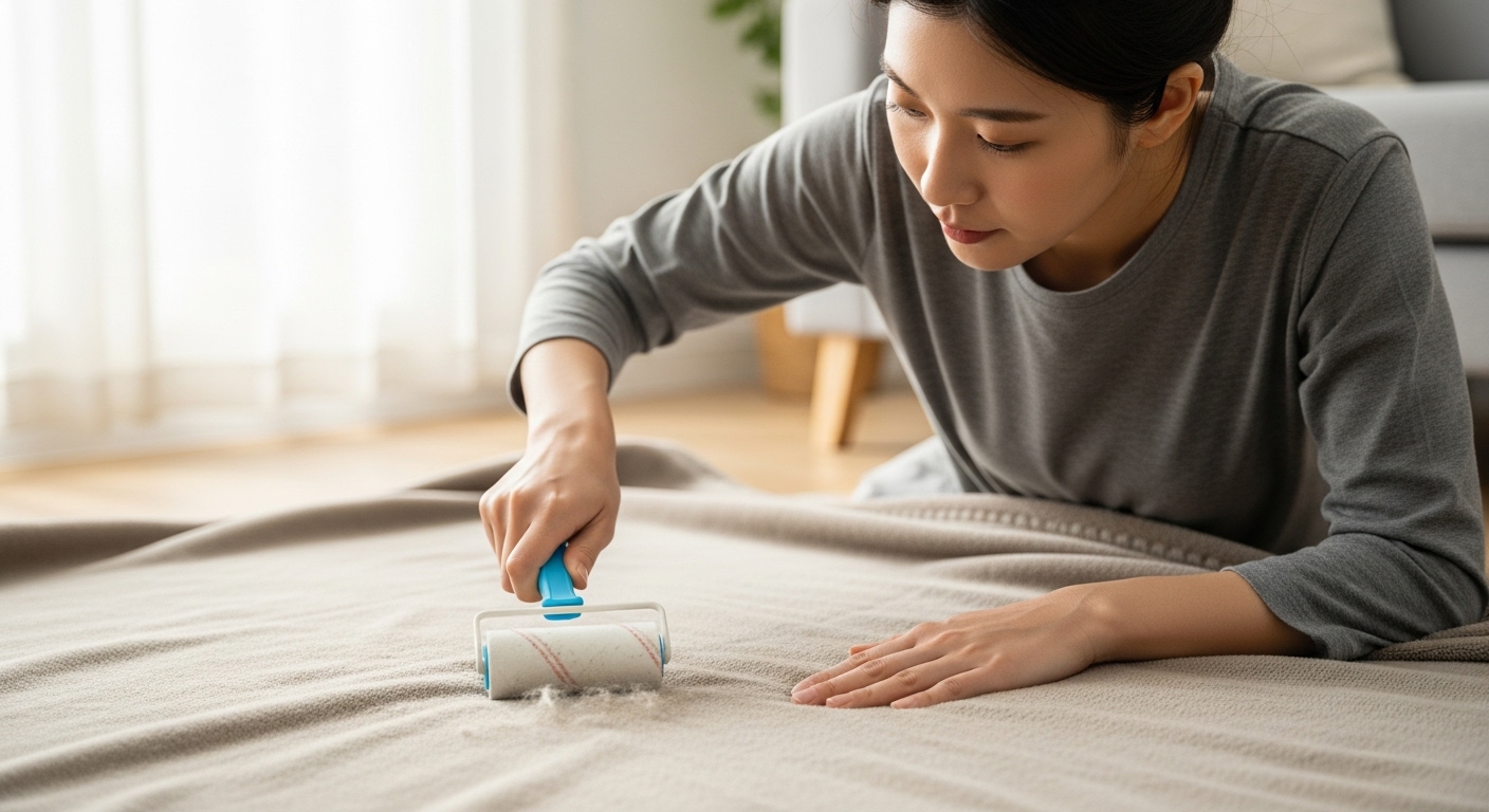 극세사 이불에 붙은 먼지를 접착식 롤 클리너(돌돌이)로 제거하는 모습